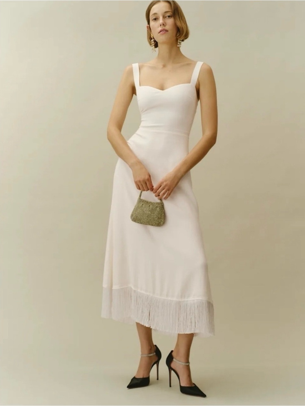 Reformation Ivory Fringe-Hem Dress
